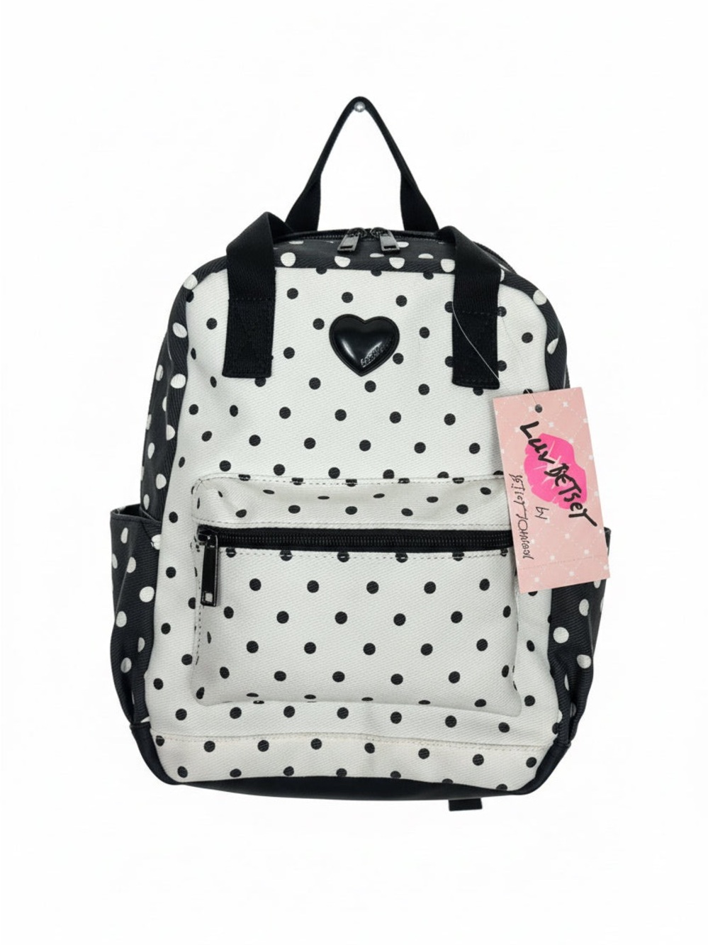 Betsey Johnson Black & White Polka Dot Heart Patch Backpack